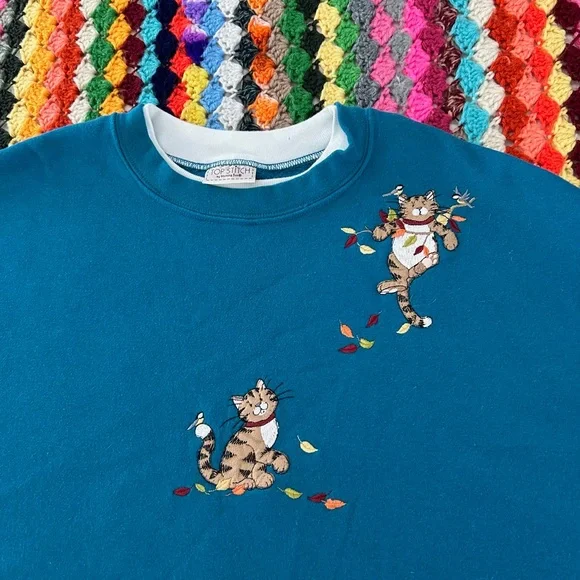 Vintage Y2K Cat Embroidered Patchwork Morning Sun Teal Double Collar Ove… - Picture 9 of 11